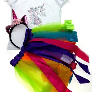 Unicorn Girls Costume Shirt Tutu Skirt Rainbow Skirt Pink Headband Bling Large